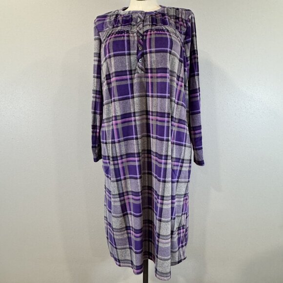 Aria Collection Other - Aria Collection Purple Gray Plaid Long-Sleeve Nightgown Size L Soft PJs Pockets